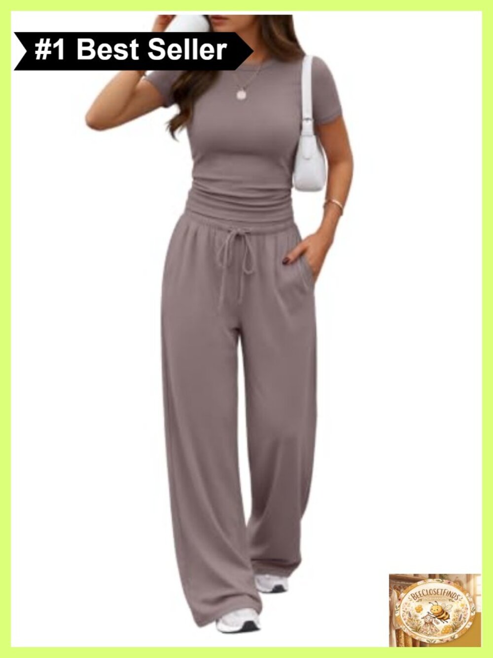 Women's 2 Piece Lounge Set Short Sleeve Top Wide Leg Pants Drawstring Pockets